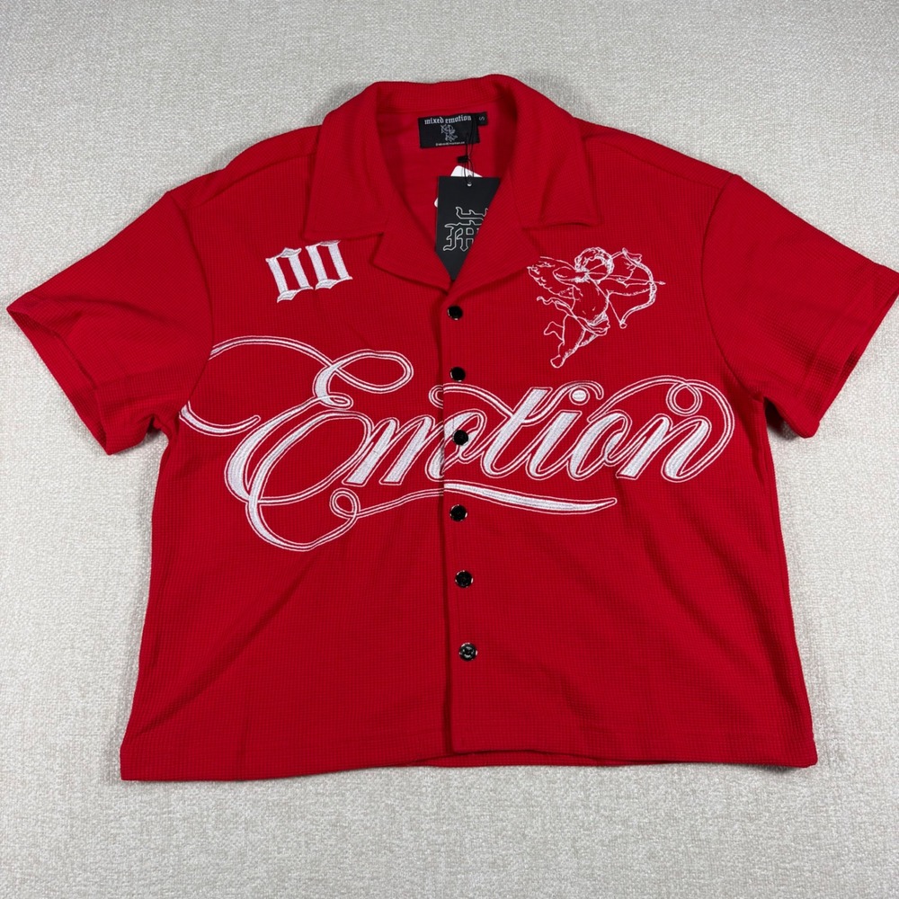 Mixed Emotion Waffle Knit Shirt Red Cherub Embroidered Button Down Small 2261